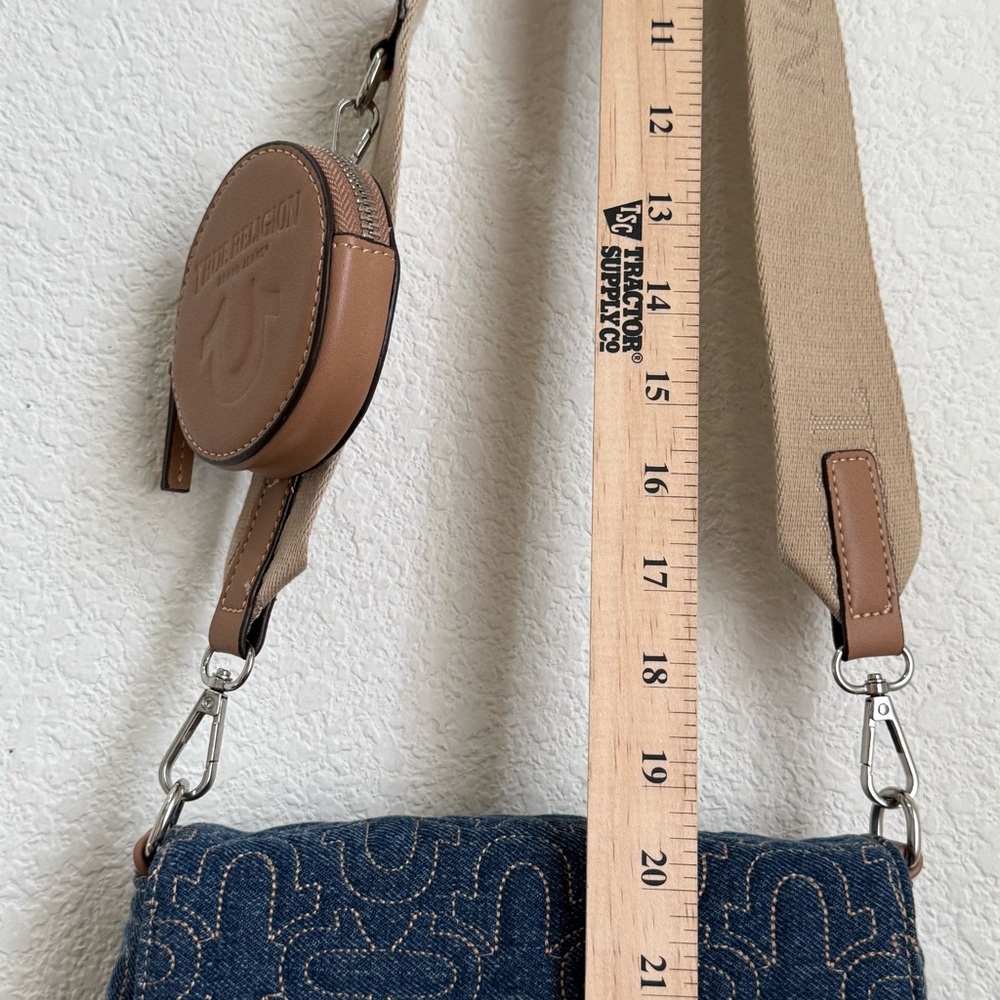 TRUE RELIGION Denim Quilted Horseshoe Wide Strap Coin Purse Flap Crossbody Bag - Picture 11 of 16